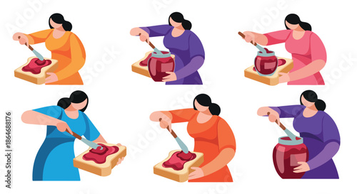 Woman spreading jam on toast, various colors