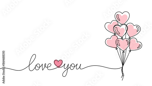 Minimalist continuous line art design featuring "love you" lettering alongside a charming cluster of pink heart balloons, perfect for romance and affection themes