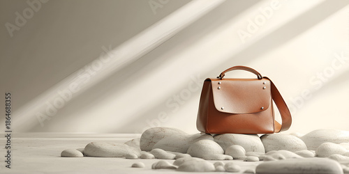 Leather Bag Mockup on Stylized Pebble Base with Ambient Lighting