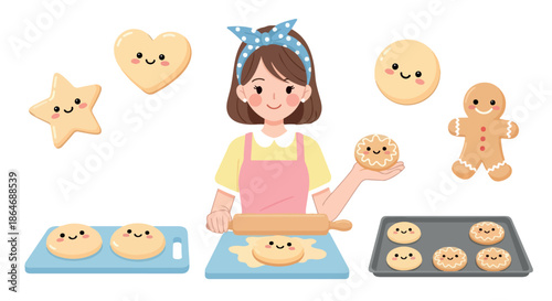 Baking woman with cookies and gingerbread shapes