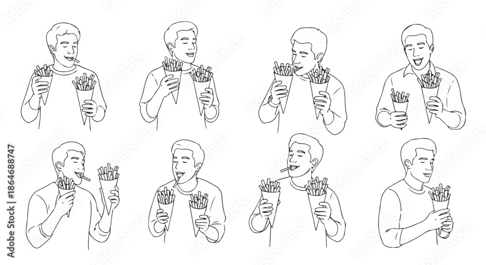 Obraz premium Man eating french fries in various poses