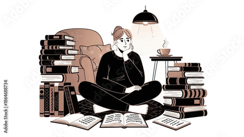 Woman Sitting Cross Legged Reading Books.