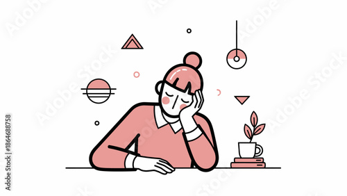 Woman Thinking Deeply with Coffee Nearby.