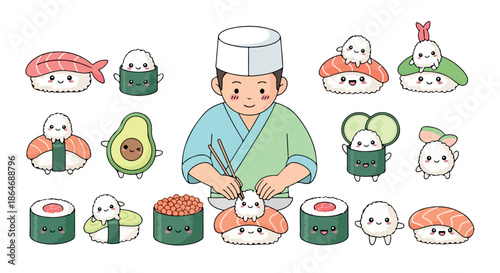 Sushi chef preparing food with various rolls