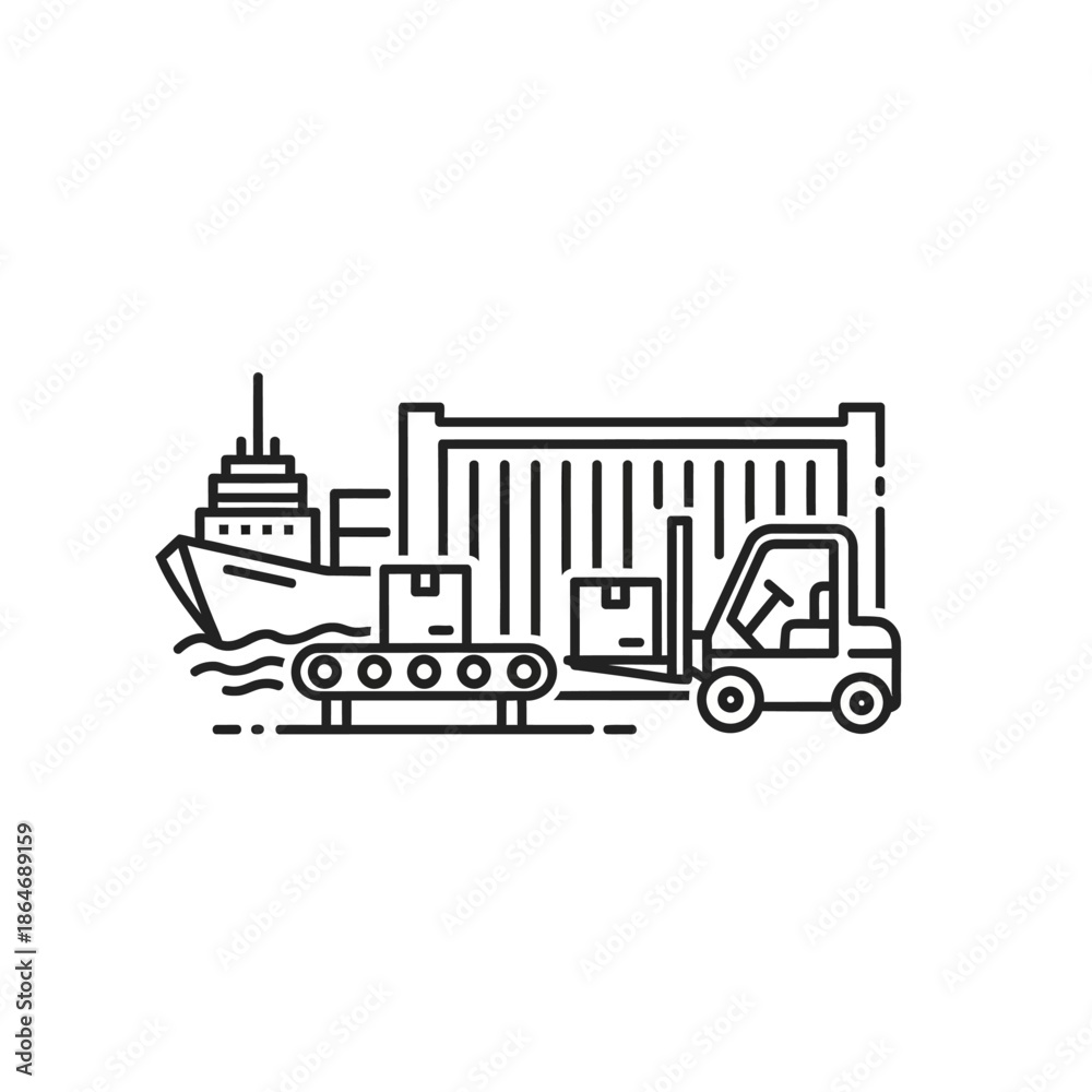 Fototapeta premium Industrial Shipping Yard Scene with Cargo Ship, Crane, and Delivery Truck