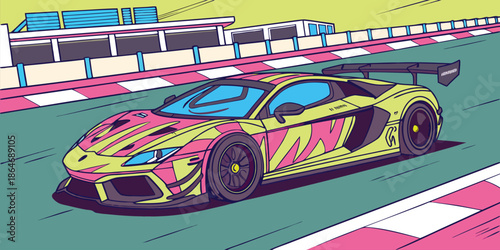 Vibrant retro race car illustration speeding on a track with a cartoon style