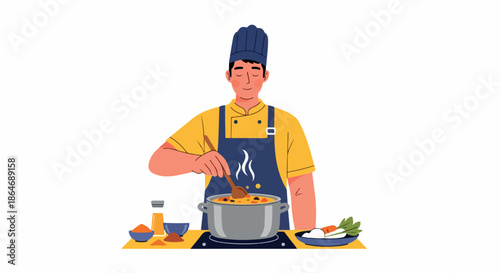 Chef cooking soup in kitchen with ingredients
