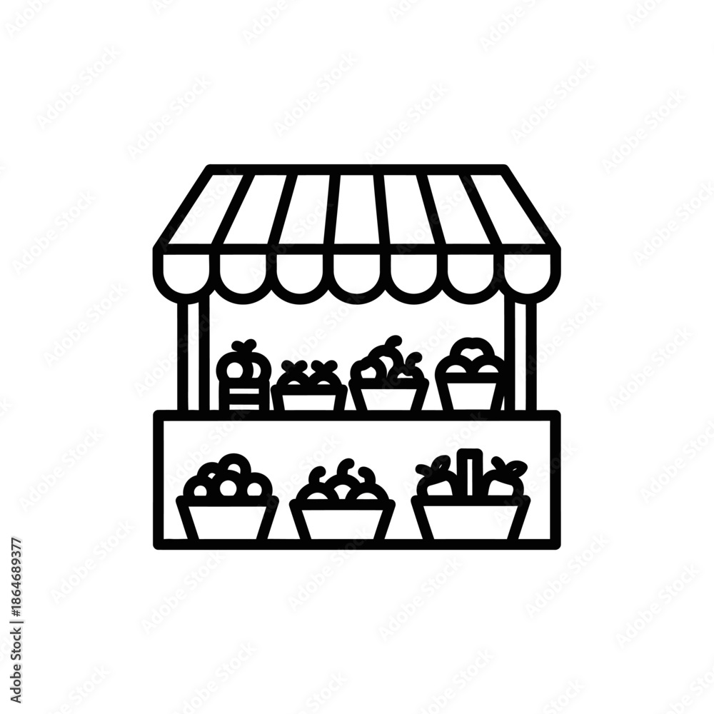 Obraz premium Minimalist Black and White Line Drawing of a Market Stall Displaying Fresh Fruit and Vegetables