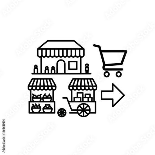 Line Drawing Illustration of Market Stalls and Shopping Cart Icon