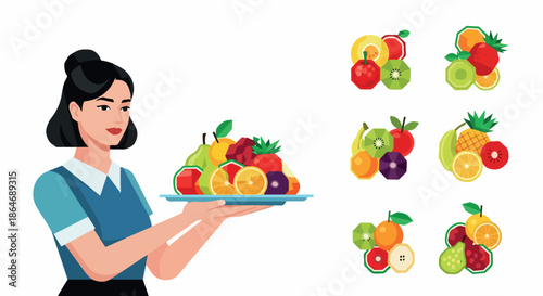 Fruit platter with sliced fruits and a woman