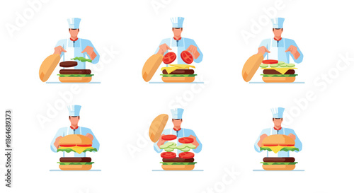 Chef preparing burger steps with transparent background