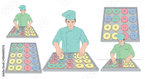 Baker decorating donuts on trays