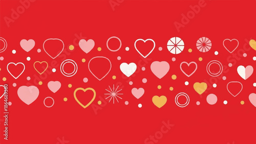 A vibrant red background adorned with assorted hearts and floral elements in various colors and sizes