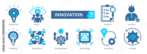INNOVATION icon collection set. Containing  inspiration, vision, analysis, creativity, development, teamwork,technology, invention,change, success icon. dual tone vector.