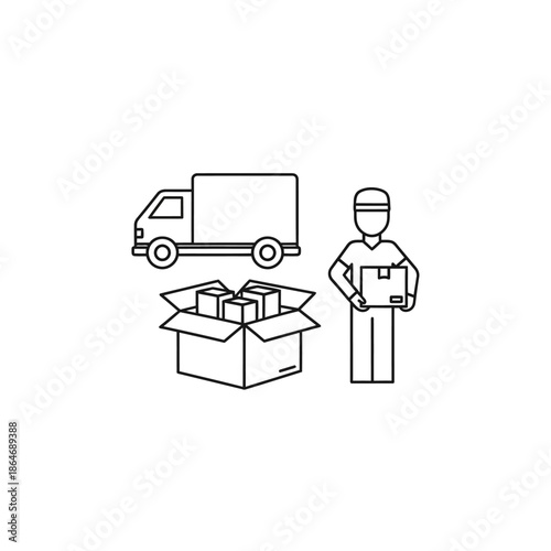 Logistics and Delivery Services: Courier Man with Box and Truck Illustration