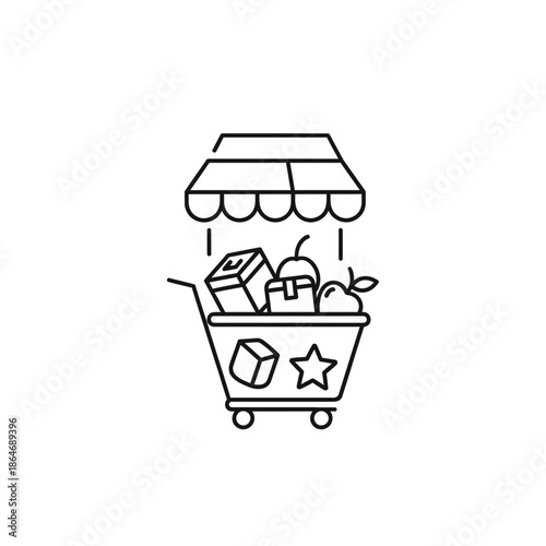 Minimalist Illustration of Shopping Cart Filled with Groceries and Items