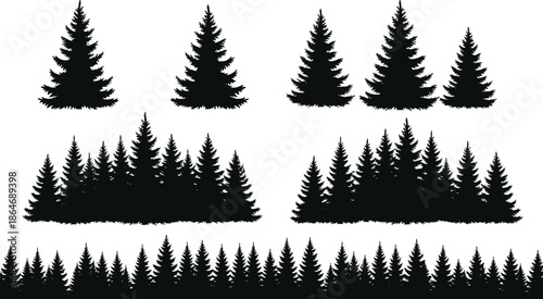 Pine forest silhouette set featuring evergreen trees and woodland borders, isolated on white background for landscape, nature, and outdoor design projects
