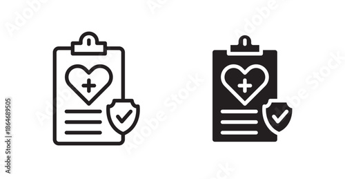 Health insurance icons, black line art and clipart vector logo