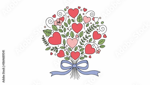 A bouquet of hearts and flowers tied with a ribbon, symbolizing love and affection in a celebratory arrangement.
