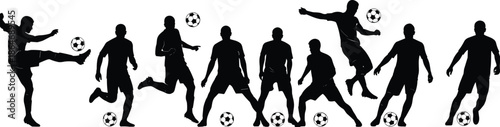 Soccer player silhouette action set showing footballers dribbling, kicking, and jumping with ball, isolated on white background for sports and design concepts
