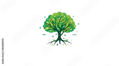 Vibrant Green Tree with Exposed Roots and Surrounding Nature Elements Illustration