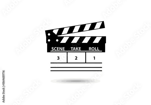 Movie clapper board vector Black and white movie clapperboard icon with an open, striped clapper stick. Film slate labeled Scene 3, Take 2, Roll 1, with a subtle drop shadow.