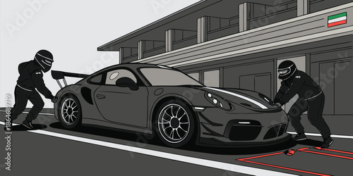 Stylized Graphic of Race Officials Pushing a Motorsport Machine off Track