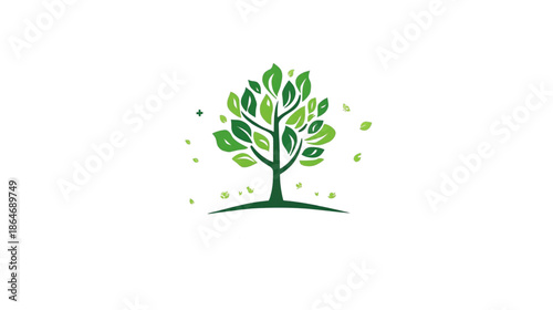 Stylized Illustration of a Vibrant Green Tree with Falling Leaves and a Subtle Health Icon