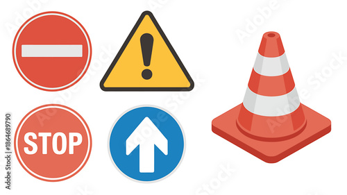 Set of Traffic Signs and Cones for Road Safety Measures