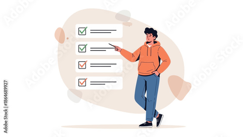 Young man checking off items on a checklist with a confident and cheerful expression in a modern