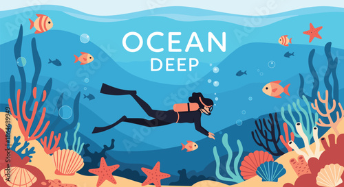 Scuba diver explores the vibrant deep ocean world filled with colorful corals, various fish, and starfish under a clear blue sea environment.