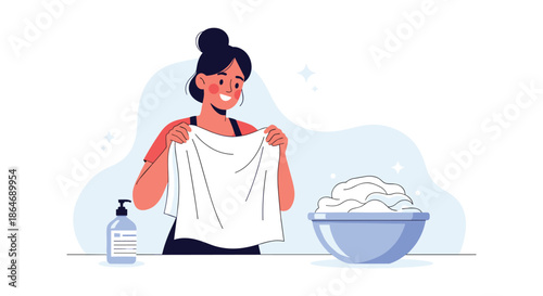 Happy young woman smiles as she prepares to wash a white towel next to a full basin of laundry in her bright and clean bathroom at home.
