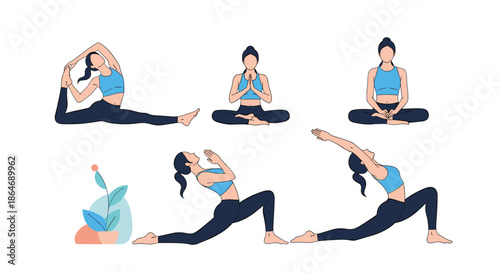 Educational collection of various yoga poses performed by a woman to demonstrate different stretches and asanas for fitness and wellness.