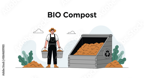 Organic farming expert prepares natural bio compost fertilizer for gardening while standing near a large recycling bin outside.