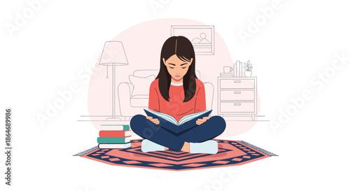 Young woman enjoys reading her favorite book while sitting cross-legged on a patterned rug in a cozy and peaceful living room at home.