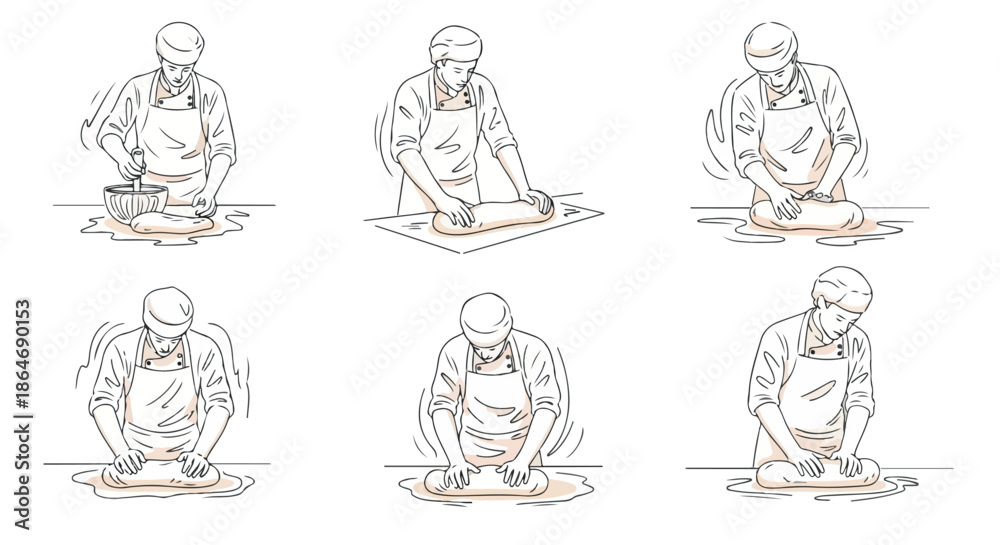 Fototapeta premium Baker kneading dough process steps outline style