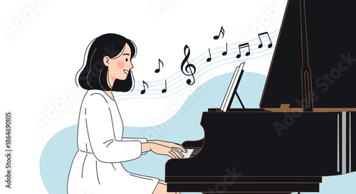Talented young woman in a white dress plays a grand piano with a smile as musical notes dance in the air in a bright and airy room.