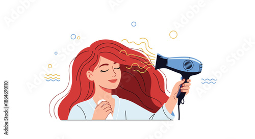 Happy woman with long red hair uses a blue hair dryer to style herself after a bath in a bright and cheerful morning beauty routine.