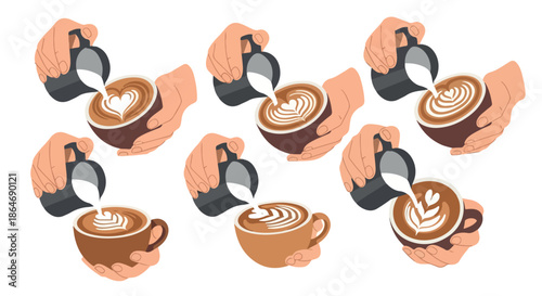 Latte art pouring hands coffee drinks