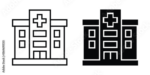 Hospital building icon, medical center symbol, healthcare facility outline, clinic illustration