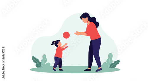 Loving mother and her small daughter play together with a red ball in a grassy park surrounded by green plants during a sunny day.