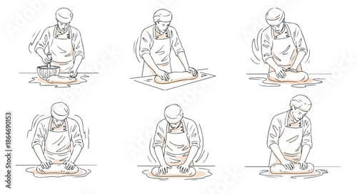 Baker kneading dough process steps outline style