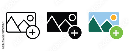 Collection of three image icons with a plus sign for adding or uploading pictures, in outline, solid, and color.