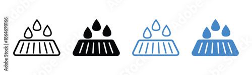 Set of four icons representing water drops falling on a surface, indicating cleaning or washing, in various styles.