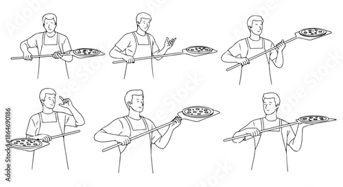 Pizza chef with pizza peel in various poses