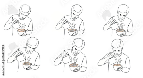Man eating soup with chopsticks, multiple views