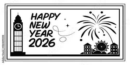Minimalist London New Year 2026 Skyline Banner with Big Ben and Fireworks