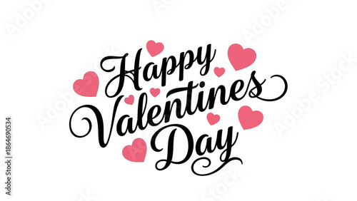Joyful 'Happy Valentine's Day' calligraphic inscription adorned with charming pink hearts, ideal for romantic greetings and festive designs