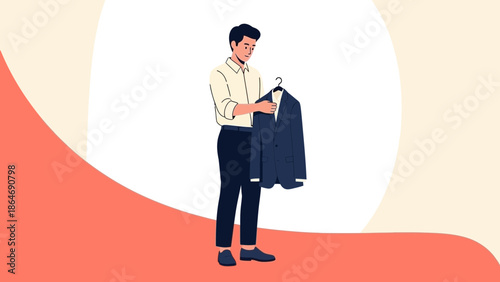 Young man choosing a suit from the wardrobe in a modern minimalistic room