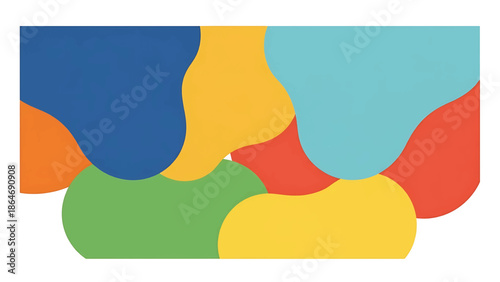 A vibrant abstract composition featuring overlapping, organic shapes in a variety of saturated colors, set against a white background